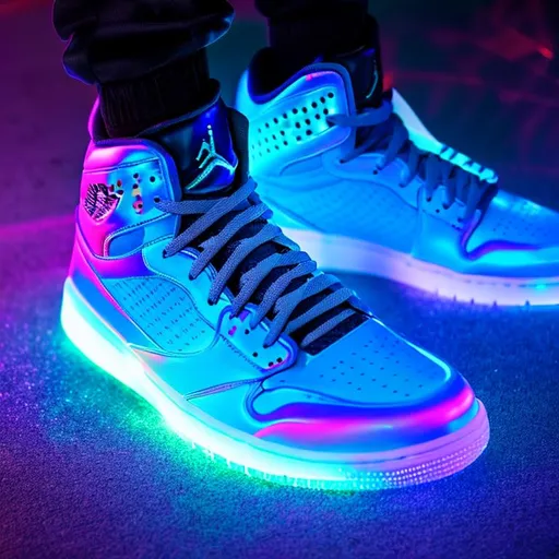 Prompt: Step into a futuristic realm where Air Jordan shoes take on a holographic form. The image showcases the shoes as if projected from a cutting-edge technology, with a mesmerizing display of vibrant colors and geometric patterns. The holographic shoes seem to hover in mid-air, emanating a soft glow that casts futuristic reflections on the sleek, minimalist surroundings. The style combines elements of sci-fi and minimalism, creating a sense of awe and wonder. The lighting is precise, with subtle highlights and shadows adding depth and realism to the holographic representation. 