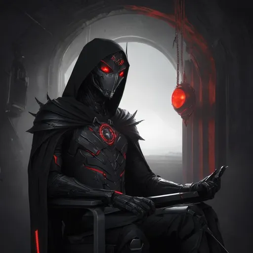 Prompt: An abnormally tall and lanky male humanoid hunched forward in nanotech armor with spines and metal protrusions. he has a black cape and is sitting ominously on a floating mechanical chair. his face is covered with a metal mask with beady glowing red eyes under a black hood. he is holding floating Red orb right above his hand. behance HD