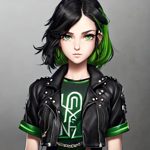 Prompt: An insanely beautiful girl around 17 years old. punk clothes. perfect anatomy, symmetrically perfect face. perfect grey eyes. beautiful short black wavy hair with green streaks. no extra limbs or hands or fingers or legs or arms.