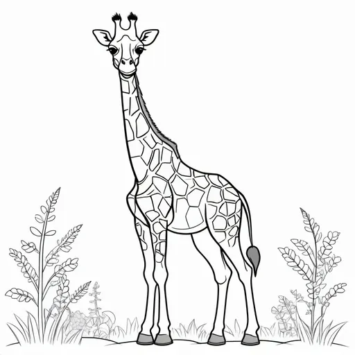 Prompt: create a simple, cute, but realistic, large, animal drawing of a giraffe in thick black outline, black lines only leaving space for kids to color in, include minimal landscaping relating to the animal. Drawings to be suitable for a kids coloring book ages 2-5, make sure not to use existing works.