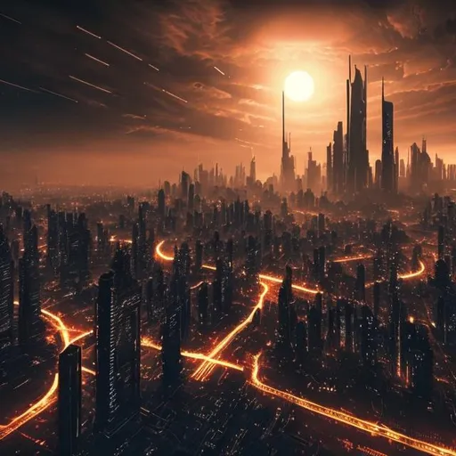 Prompt: Dystopian apocalypse futuristic city skyline at night