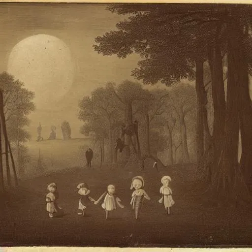 Prompt: A dark forest with children playing while a wooden figure watches form the darkness, 1800 photo