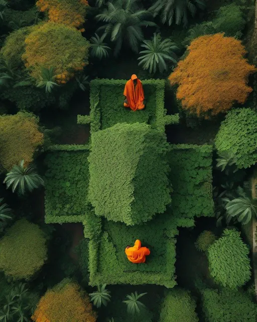 Prompt: A lone orange-robed monk sits cross-legged in a lush jungle in India, surrounded by ancient ruins covered in vines. Shot from above for sense of mystic isolation. Spiritual, ancient, tranquil oasis.