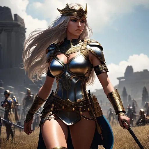 Prompt: {valkyrie}, {woman}, pretty face, slim body, gathering souls, dead warriors, ancient {battlefield}, full body view, Highly detailed, bright lighting, 8k resolution. perfect composition, hyperrealistic, super detailed, 8k, high quality, trending art, trending on artstation, sharp focus, intricate detail, extremely detailed, centered, full frame, photorealistic, vivid contrast, vivid colors, 3dcg, 3d, render