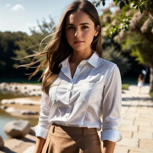 Prompt: photo realistic Landscape of girl wear open white shirt, Cute girl, beautiful, elegant, brown hair, skirt, brown eyes, Realistic, 8k, hyper realism, outdoor, detailed hair, detailed face, full body, masterpiece, Sharp focus, hdr, happy, epic realistic, faded, ((neutral colors)), art, (hdr:1.5), (muted colors:1.2), hyperdetailed, (artstation:1.5), (natural skin texture, hyperrealism, soft light, sharp:1.2), (intricate details:1.12), hdr, (intricate details, hyperdetailed:1.15)