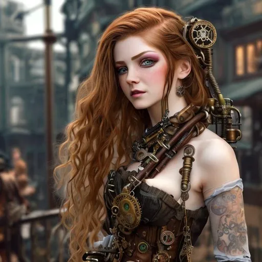 Prompt: A hyper realistic extremely detailed steampunk woman.
Woman has red hair and green eyes.
Is watched from the back but looks in camera