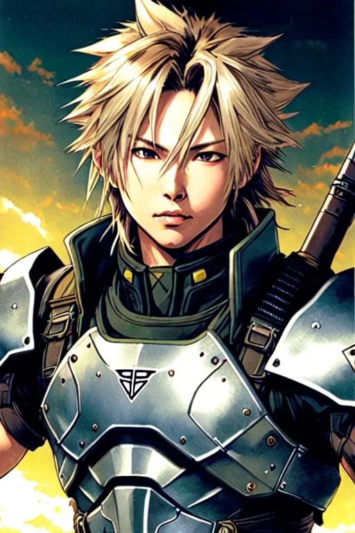 Prompt: (((Yoji Shinkawa))), sticker of ultra detailed portrait of cloud strife in Lancelot armour, full body, high quality cell shaded illustration in post apocalyptic style by Yoji Shinkawa, ((full body)), dynamic pose, perfect anatomy, centered, freedom, soul, Black long hair, approach to perfection, cell shading, 4k , cinematic dramatic atmosphere, watercolor painting, global illumination, detailed and intricate environment, artstation, concept art, fluid and sharp focus, volumetric lighting, cinematic lighting, Art by Yoji Shinkawa,
