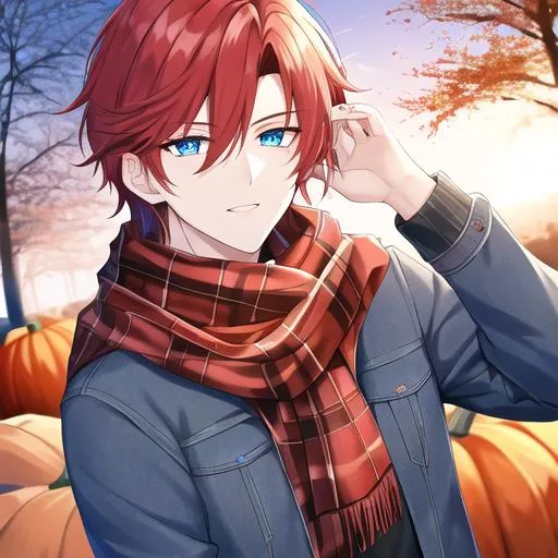 Prompt: Zerif 1male (l Red side-swept hair covering his right eye, blue eyes), highly detailed face, UHD, wearing a cozy flannel shirt and a pair of stylish jeans. In the park, fall.  wearing a scarf, looking up at the sky, in a pumpkin patch,  young adult. Handsome,  detailed, UHD, HD, 4K, highly detailed, red haze, masculine