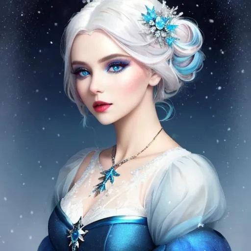 Prompt: A beautiful woman, snow white hair with pastel highlights, frosty blue eyes, blue eyeshadow, blue jewels on forehead