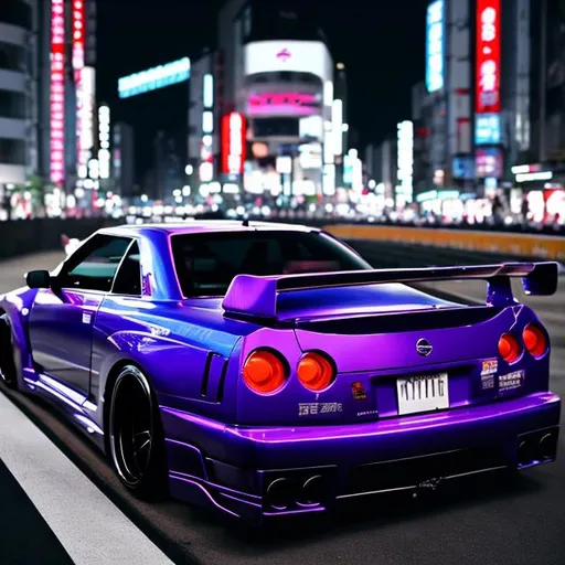 Prompt: Nissan gtr r34 drifting in Tokyo midnight purple