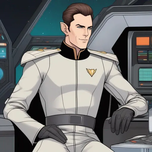 Prompt: a young muscular scifi elf starfleet admiral from vulcan, with short brown slicked back hair and elven pointed ears. pale skin, pointy elvish ears,  35 years old. He wears a 22th century retro futuristic black space coat. grey pants. black boots. in background is a spaceport. he is sitting next to a holographic desk surrounded by petty officials and starship captains in anthracite uniforms. rpg. rpg art. 2d art. 2d. well drawn face. detailed.