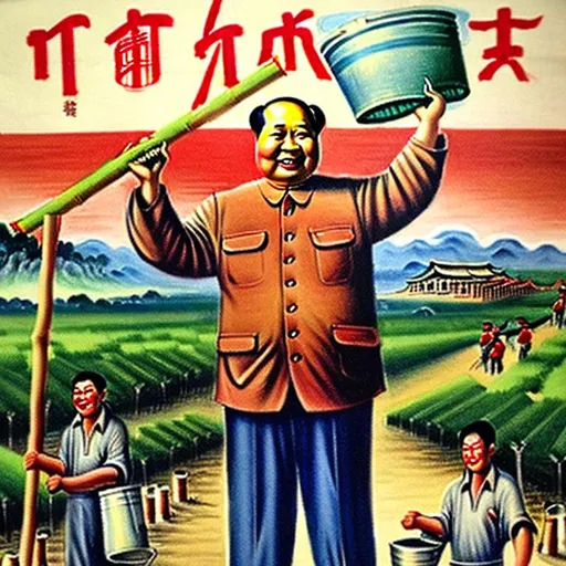 Prompt: 1960s Chinese propaganda poster of a smiling Mao Zedong carrying a horizontal bamboo pole with buckets of water on it on his shoulder, Mao Zedong is surrounded by farmers and workers, Mao is in a village, highly detailed, highly decorated, masterpiece