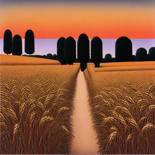Prompt: Path through wheat fields at sunset in the style of Magritte