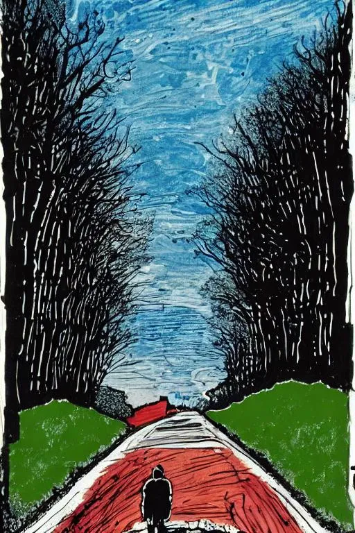 Prompt: Draw a man and a boy on a country lane in the style of stanley donwood. painted. colour.