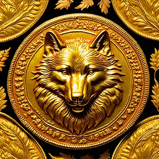 Prompt: Photo of large heavy gold coin, zoomed out shot, with intricately detailed 2d wolf face, finely detailed wheat grains, gold leaves, on side, professional, soft light, studio light, rich colors, vibrant, deep tones, with textured raised edge, proof condition, pearly shine, antique, volumetric lighting, in a dark room, museum light, highly detailed, 64k, UHD, unreal engine, high octane, artstation, instagram, perfect composition, symmetric, on red velvet table
