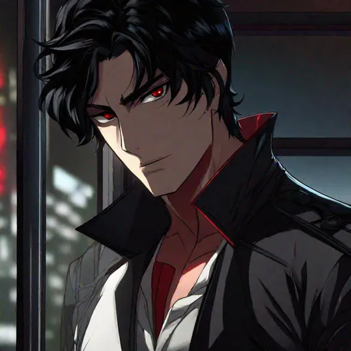 Prompt: Damien (male, short black hair, red eyes) staring out the window, stalking, sadistic look on his face