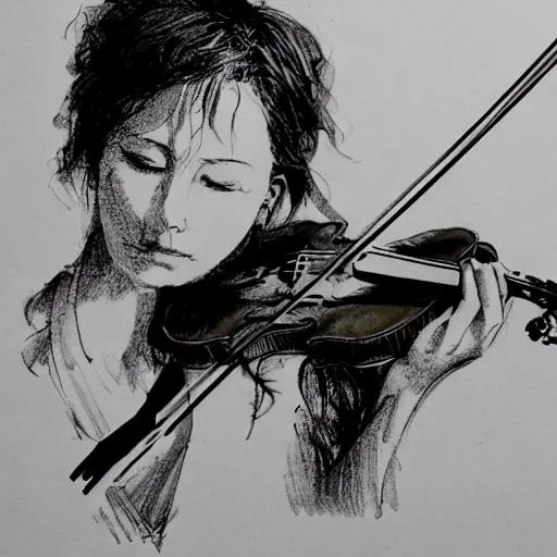Prompt: portrait of violinist playing a violin, concept art, black and white, no face, sumi - e style, intricate linework, artstation, trending, highly detailed, smooth, focus, art by yoji shinkawa and glenn fabry, transparent background,