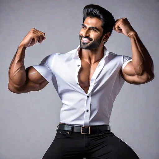 Prompt: Professional full-body photoshoot of a gorgeous, muscular, male Pakistani model, wearing a short-sleeve button-up shirt and black jeans, flexing his biceps, hyperdetailed {symmetrical eyes}, {defined shredded musculature, broad shoulders}, {sultry romantic}, smile,  center frame, studio light, intricate detail, best quality, uhd, 8k, symmetry  