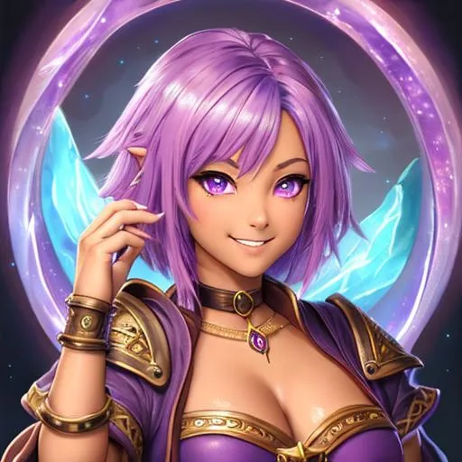 Prompt: oil painting, D&D fantasy, tanned-skinned-gnome girl, tanned-skinned-female, short, beautiful, short bright purple hair, twists cut hair, smiling, pointed ears, looking at the viewer, Wizard wearing intricate wizard outfit, #3238, UHD, hd , 8k eyes, detailed face, big anime dreamy eyes, 8k eyes, intricate details, insanely detailed, masterpiece, cinematic lighting, 8k, complementary colors, golden ratio, octane render, volumetric lighting, unreal 5, artwork, concept art, cover, top model, light on hair colorful glamourous hyperdetailed medieval city background, intricate hyperdetailed breathtaking colorful glamorous scenic view landscape, ultra-fine details, hyper-focused, deep colors, dramatic lighting, ambient lighting god rays, flowers, garden | by sakimi chan, artgerm, wlop, pixiv, tumblr, instagram, deviantart