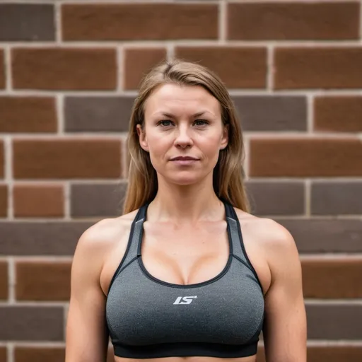 Prompt: light brown haired scandinavian ordinary looking big breasted woman with sport top standing against brick wall 