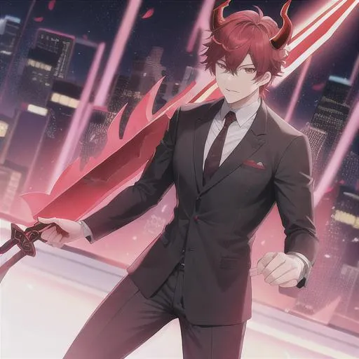 Prompt: Male character, red giant sword, demon horns, businessman uniform 