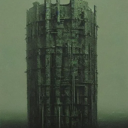 Prompt: Beksinski dystopian tower, giant tower made of steel and concrete, dark-green colours, foggy night 