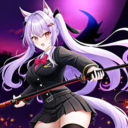 Prompt: Haley  as a demon (multi-color hair) (multi-color eyes)(she has horse ears) holding a katana, fighting, in a gunfight, bullets flying, fighting in a rural area, angry, demon tail, demon wings