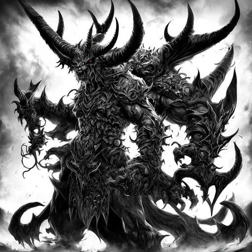 Prompt: Behemoth ,Demon King, Horns, Black and white background