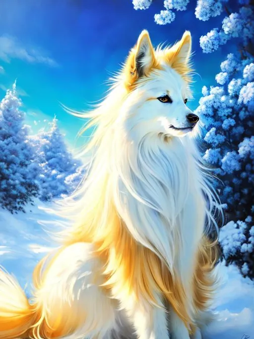 Prompt: make fur white, (16k, 8k, 3D, ultra high definition, full body focus, very detailed, masterpiece, detailed painting, ultra detailed background, UHD character, UHD background) character design portrait of a beautiful medium-sized female {quadruped} with wind powers, golden-white fur and golden hairs, vivid crystal-blue eyes, long blue diamond ears with royal blue and magenta interior, (sapphire sparkling rain), cute fangs, majestic like a wolf, playful like a fox, energetic like a deer, calm and inviting smile, ears of blue point siamese cat,  fur speckled with sapphire crystals, fluffy mane, insanely detailed fur, insanely detailed eyes, insanely detailed face, standing in fantasy garden, atmosphere filled with (sparkling rain) and (flower petals), pink and cyan flowers, cherry blossoms, mountains, auroras, pink twilight sky, Sylveon
