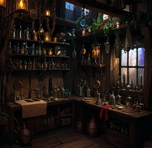 Prompt: medieval alchemy lab, potions, hanging glass lamps, candlelight, one windows, hanging plants