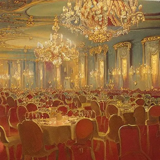 Prompt: a romantic oil painting depicting a big ballroom in Europe in the 1960s, complete with large chandeliers and warm colors.