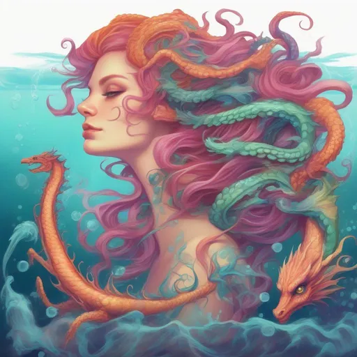 Prompt: A colourful and beautiful Persephone, her hair being made out of magic and tentacles, with a sea-dragon underwater in a painted style