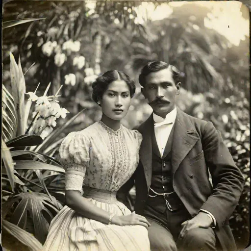 Prompt: (faded black and white photograph), portrait, half body, tropical garden, tropical flowers, 2 people (English man, 30 year old, Victorian clothes, oval face, deep-set blue eyes, short wavy blonde hair with side parting, long nose, mustache, white skin), (beautiful Indonesian woman, 22 year old, Victorian clothes, round face, high cheekbones, almond-shaped brown eyes, epithanic fold, long wavy black hair, small delicate nose, slightly flattened nose bridge, wide nasal base, light tan skin), REALISM, HYPERREALISM, RAW, PHOTO, INTRICATE DETAIL, OCTANE RENDER, 4K, 8K, 16K, 32K, 64K, SHOT 128K COLOR, PORE SKIN, HDR, UHD, intricate details, highly detailed, by greg rutkowski