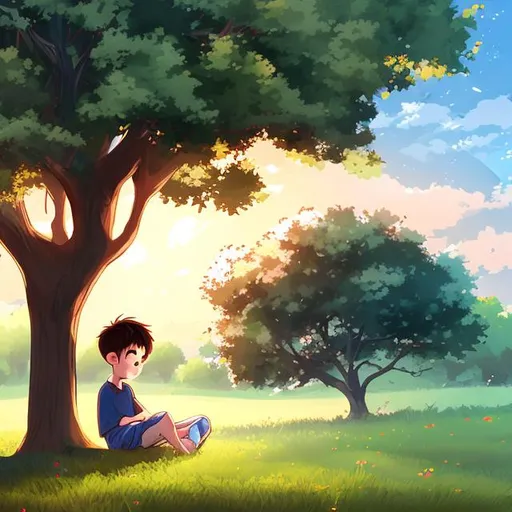 Prompt: a boy sitting under a tree, day light color is dawn color