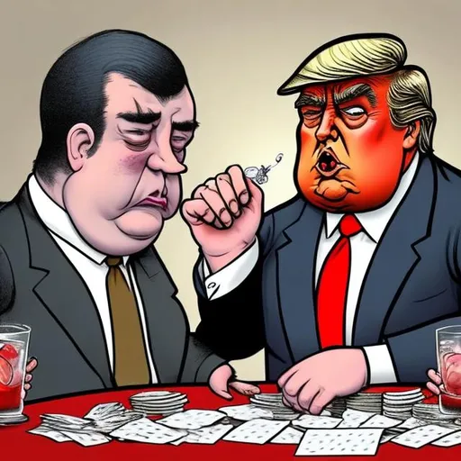 Prompt: Dark, dank and dim, smokey, Obese Trump playing poker with his gang of Russian mobster with Putin in a smoky den, too long red tie, navy blue suit, Prohibition Speak-easy Scene, muted dark colors, Sergio Aragonés MAD Magazine cartoon style 