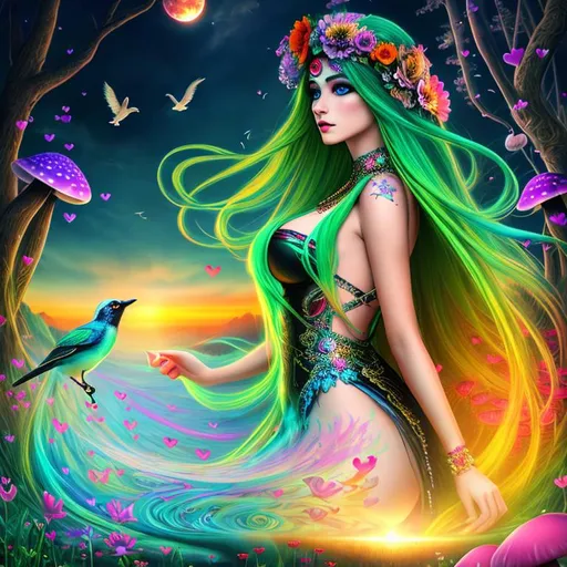 Prompt: psychedelic, twisted, cinematic, 3D, HD, {Female}Magician, Beautiful big {heart-shaped}reflective eyes, long flowing hair, flowers, mushrooms, birds, expansive psychedelic background, sunset, hyper realistic, 4K --s98500