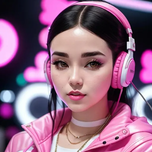 Prompt: white woman with headphones and a pink jacket posing for a picture, white bangs black hair, gogo : :, 🤬 🤮 💕 🎀, song, your personal data avatar, sup, bongos, inspired by Lisa Yuskavage, new