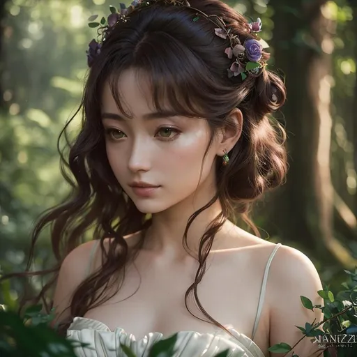 Prompt: Digital art in the style of Antonio J. Manzanedo, James jean, Brian froud of an enchanting piano recital set within a serene forest clearing, a grand piano as the centerpiece, the musician, a young woman with flowing locks and an elegant gown, gracefully playing amidst the vibrant green foliage and deep brown tree trunks, her fingers dancing across the keys with an air of passion and skill, soft pastel colors adding a touch of whimsy, warm, dappled sunlight filtering through the leaves, casting a dreamlike glow on the scene, a captivating blend of art and the natural world, Mysterious