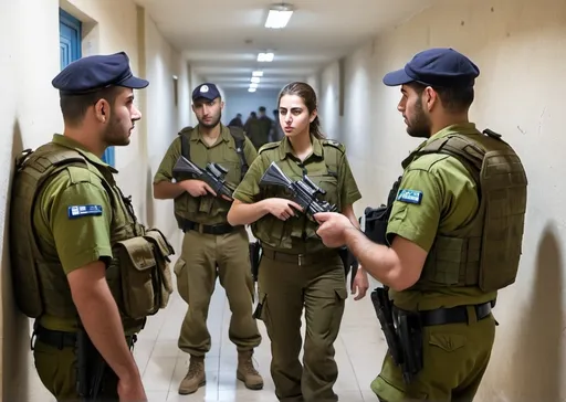 Prompt: IDF facility security guards, both male and female, conducting thorough security checks on soldiers and officers entering a high-security military base. They are carrying personal weapons and ensuring only authorized personnel gain access