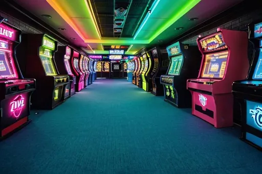 Prompt: (best quality:1.5, professional photograph, UHD), Wide angle photograph of an arcade, with {black carpet and walls}, {neon lights in cyan, green, and magenta}, carpet has {triangles of blue, green, and magenta}, 64k, vibrant, vivid colors, bright colors, highly detailed, intricately detailed, thrilling, playful, excitement, nostalgia, super realistic