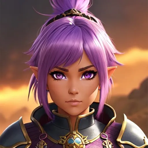 Prompt: oil painting, D&D fantasy, tanned-skinned-gnome girl, tanned-skinned-female, short, beautiful, short bright purple hair, bangs and ponytail hair, ready for battle, pointed ears, looking at the viewer, Warrior wearing intricate armor outfit, #3238, UHD, hd , 8k eyes, detailed face, big anime dreamy eyes, 8k eyes, intricate details, insanely detailed, masterpiece, cinematic lighting, 8k, complementary colors, golden ratio, octane render, volumetric lighting, unreal 5, artwork, concept art, cover, top model, light on hair colorful glamourous hyperdetailed medieval city background, intricate hyperdetailed breathtaking colorful glamorous scenic view landscape, ultra-fine details, hyper-focused, deep colors, dramatic lighting, ambient lighting god rays, flowers, garden | by sakimi chan, artgerm, wlop, pixiv, tumblr, instagram, deviantart