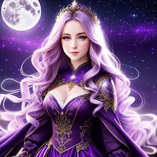 Prompt: Fantasy style, Stary night-time purple fantasy background, moon shining bright, a hyper realistic detailed image of a British feminine princess ((pale skin)) ((beautiful intricate dress with sleeves)), covered in nightly glow ((long wavy hair)), looking straight ahead, body facing camera, camera top third of image, perfect composition, super detailed, sharp focus HDR, UDR, 120k, square jaw, slender upturned nose, full red lips, silver shoulder plates, ((gold eyes)).