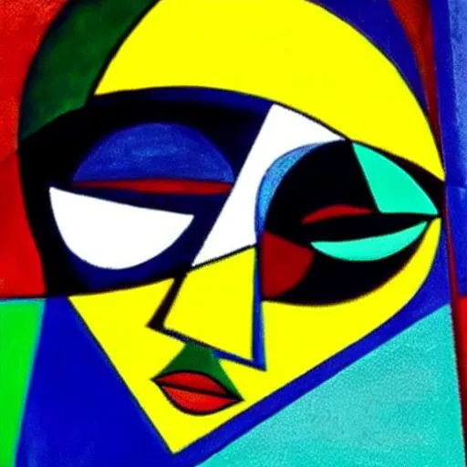 Prompt: Picasso, triadic color, backlit, wide-eyed blown pupils, death mask, I loved her once, she loved me, now we lay together for eternity
