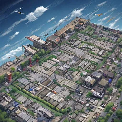 Prompt: Make me a birds eye view of a  junkyard in ufotable style