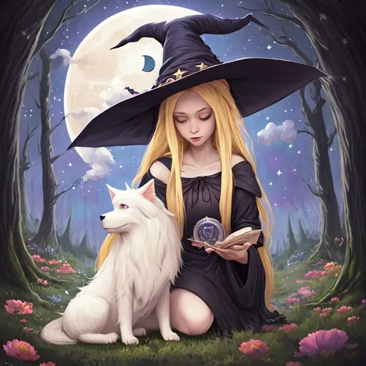 Prompt: witch with long blonde hair, wearing witch hat, cute, dreamy, big white dog, aesthetic, fairycore, disney, pixar, moon, stars, clouds, flowers, witchcraft, in a forest, dark starry sky, clouds, beautiful, etheral, award winning illustration, artstation, highres