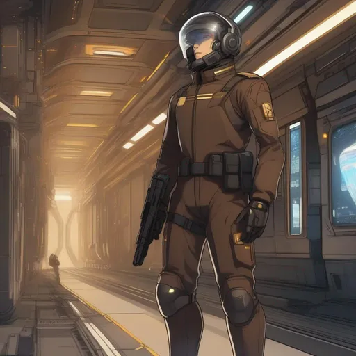 Prompt: From distance. Whole body. Full figure. A Czech male soldier in scifi 20th century uniform.  Cyborg implants. visor covering his face.  Dark brown uniform with gold details.  In background a space base. Anime art. Rpg. Anime style. Akira art. 2d art. 2d. Well draw face. Detailed. Whole figure. Full body. 