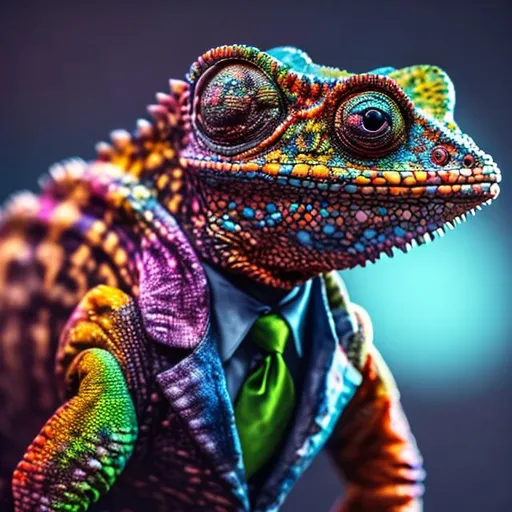 Prompt: Colorful chameleon in a coat and tie, full character visible, HD, ultra realistic, extremely detailed, 8K, Hyper detailing, Cinematic light, soft lighting, digital art