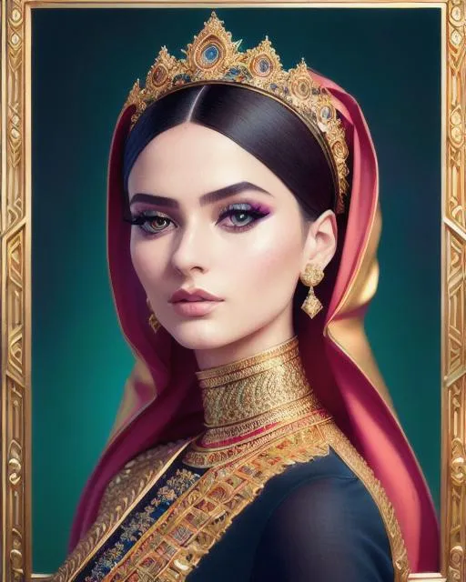Prompt: Hyperdetailed, Artistic, UHD, 4K, Portrait of a Female, Fashion Portrait, Arabic Composition, Close-Up Portrait, Elegant Outfit, Standing Pose, Palace Background, Studio Camera, Symmetrical Composition, Acrylic Painting, In Style of Daniela Uhlig, Trending on Artstation, Gorgeous Model, Intricate Detailing, Beautiful Skin, Brush Pen Art, ArtstationHQ, Green Outfit