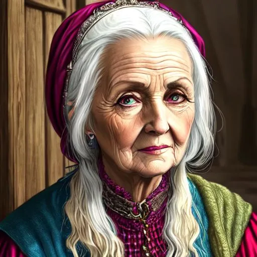 Prompt: medieval, fantasy, rpg, high quality, very detailed, detailed eyes, portrait of an old lady dressed in poor clothes.