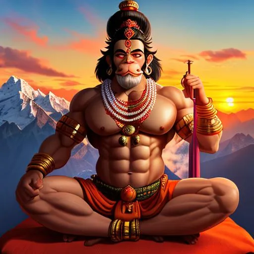 Prompt: Lord hanuman along with  mace. devotee of Lord rama , hindu man, muscular god with monkey mouth, thick body, beautiful and peaceful face, meditating in himalayas. Chanting in meditation. Surrounded by himalayas. Sunset in the background. 